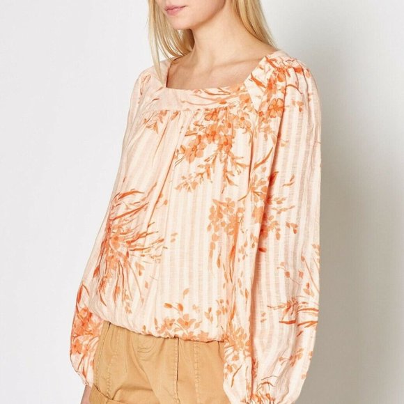 JOIE Cadby LINEN BLOUSE S Floral Island Sunset Square Neck Balloon Sleeves $228 - Picture 10 of 10